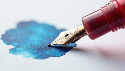 Close-up of a fountain pen and inkwell on white, monochrome, craft, object