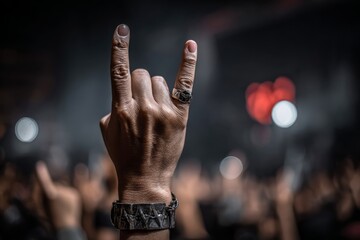Man's hand raised showing a heavy metal rock sign at concert