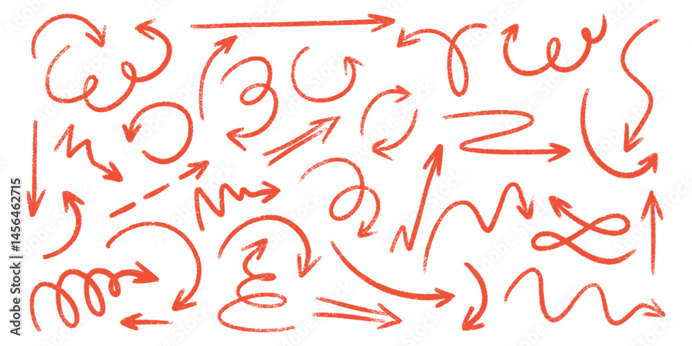 Fototapete red crayon arrow doodles collection - hand sketched curved lines, round swirls, pointers. artistic s