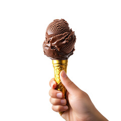 A hand holding a delicious chocolate ice cream cone