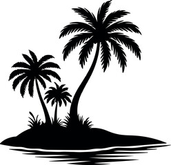 Tropical Escape – Silhouetted Palm Trees on Remote Island at Sunset