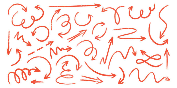 Red crayon arrow doodles collection - hand sketched curved lines, round swirls, pointers. Artistic scribbles, design elements set. Grunge style chaotic strokes drawings, marker pencil chalk vector.