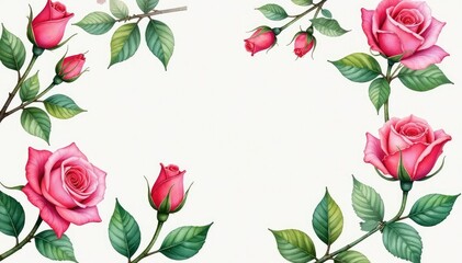 Delicate watercolor rose buds & leaves repeat seamlessly , romantic, pink
