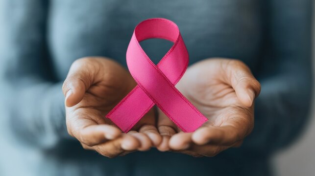 Hands holding pink ribbon showing support for breast cancer awareness