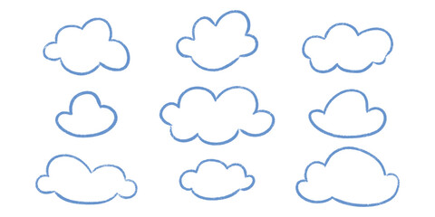 Kid crayon chalk cloud doodle set - lovely imperfect squiggly outlines ragged borders. Quirky uneven patches brushwork collection different density. Ink blotches graphics irregular forms.