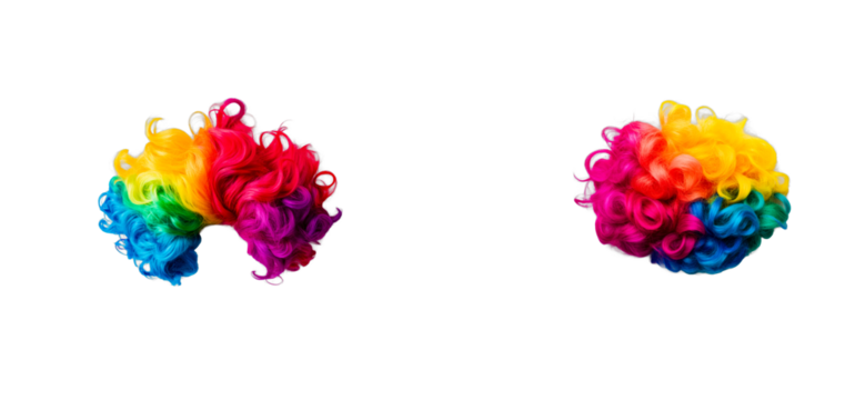 Colorful curly wigs, rainbow hair, bright vibrant hues, cut out transparent