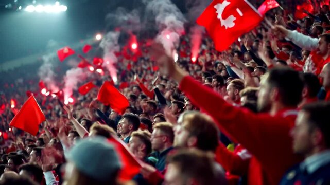 Football fans supporting and cheering for their teams in the stadium on night