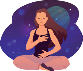 Woman in lotus posture makes calm breathing exercise and meditation on space scenery, yoga practice vector illustration