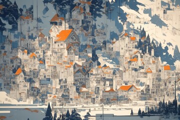 Fototapeta premium Snow-covered town nestled beneath snowy mountains, warm-toned roofs shining