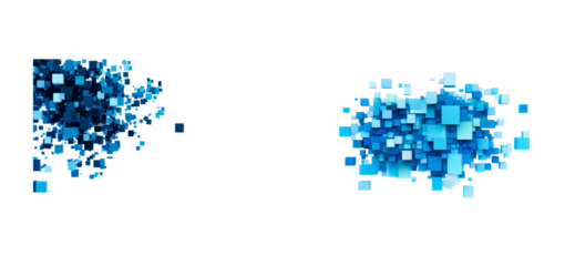 Abstract grouping of blue cubes, square shapes, cut out transparent