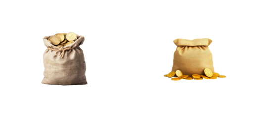 Sack overflowing golden token and coins bag illustration, cut out transparent