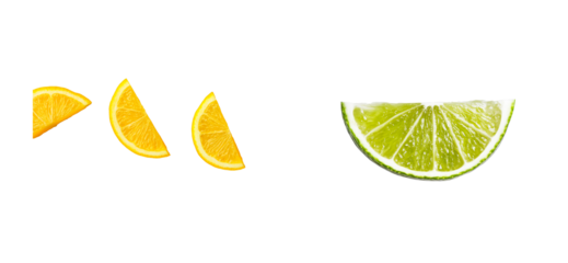 Orange and lime fruit segments assortment, cut out transparent