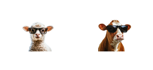Cool cow and lamb with sunglasses, cut out transparent