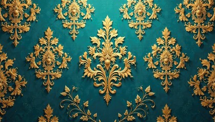 Intricate floral damask pattern in elegant gold on deep teal , wallpaper, teal
