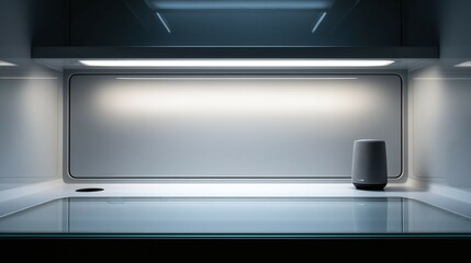 Obraz premium Smart speaker on a reflective surface with bright lighting in a modern setting.