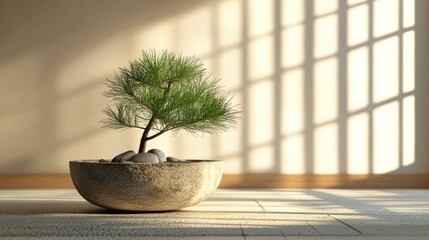 Peaceful bonsai tree in a rustic bowl, bathed in sunlight, in a serene room