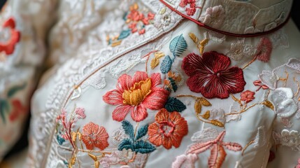 Exquisitely embroidered floral design on a traditional white garment.  Detailed floral embroidery,  colorful embellishments,  and delicate lace accents on a  formal  dress
