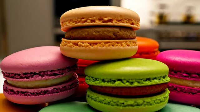 Colorful assorted macarons with creamy fillings arranged on white surface against pastel pink background, each cookie showing rich texture and delicate shell shine. Concept for luxury dessert advertis