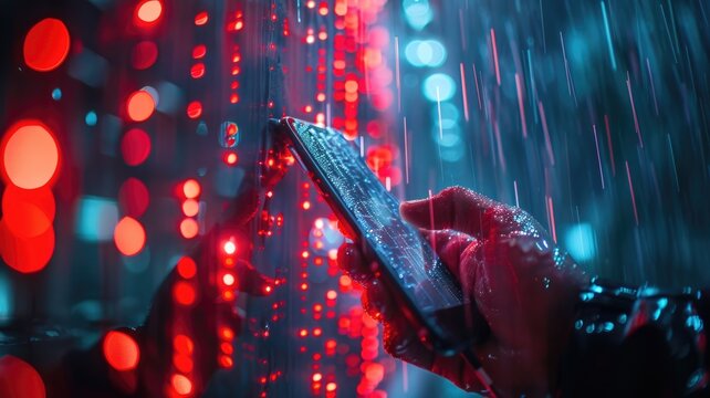 Picture of human commit crime in digital system to destroy and hack computer protection user in colorful light of cyberspace style theme. Coding for dangerous hacking technology from criminal. AIG53.