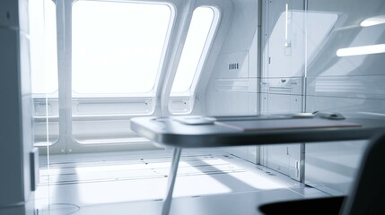 Modern office interior with desk chair and window with bright light.