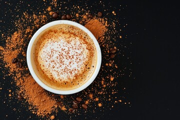 Obraz premium Aromatic coffee cup with cinnamon and coffee beans on black background