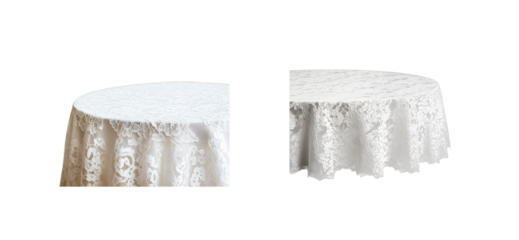 Round tables covered by white lace fabric texture, cut out transparent
