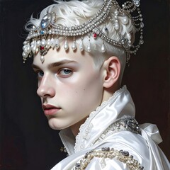 Close-up of a young noble wearing an ornate pearl and gemstone crown with luxurious embroidered white satin robe in regal style.