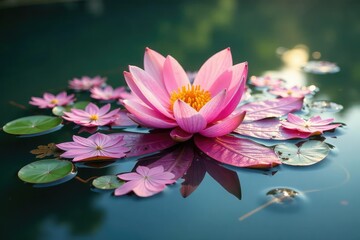 Intricate floral pattern formed by floating flowers on a still lake surface , floral, photography