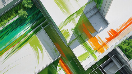 Obraz premium Abstract architectural aerial view with brush strokes and greenery for modern design concepts