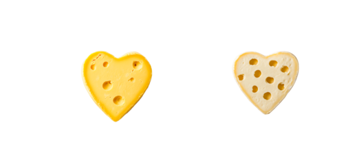 Two cheese hearts, yellow and white, with holes, cut out transparent