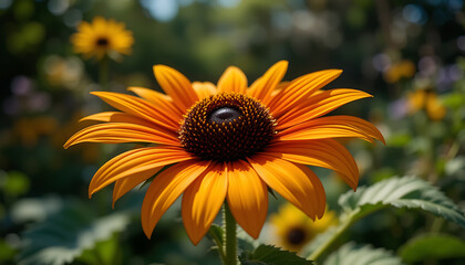 Obraz premium Orange Sunflower Close Up in Sunny Garden