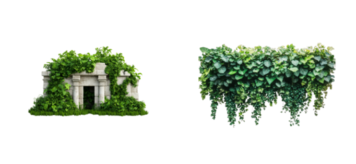 Overgrown ancient ruins and trailing vegetation, cut out transparent