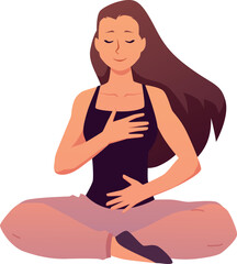 Woman in lotus posture makes calm breathing exercise, holding chest and stomach with close eyes vector flat illustration