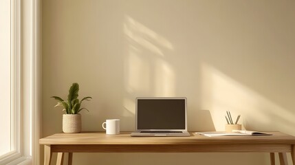 Fototapeta premium Simple, sunlit workspace on a light wooden desk.