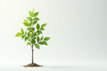 Fototapeta premium Lone sapling, delicate leaves, white backdrop, stem, branch