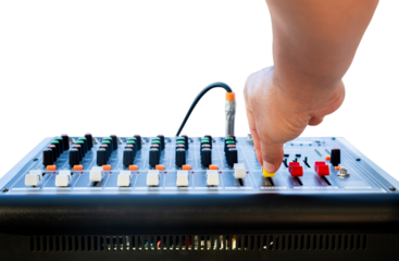 Hand adjusting audio mixer controls, perfect for music production, live sound, broadcasting, and studio recording themes. Professional sound engineering in action, isolated on transparent background