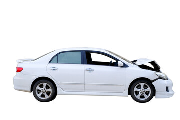 Car crash, Side view of white sedan car get damaged by accident on the road. damaged cars after collision. isolated on transparent background, car crash bumper for graphic design, PNG File