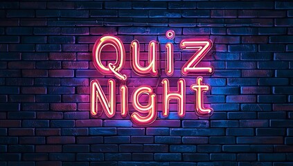 Un'illustrazione al neon rosa e blu, su sfondo di mattoni, pubblicizza "Quiz Night".
