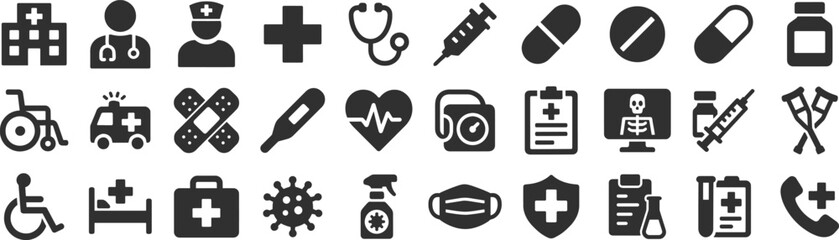 Healthcare glyph icon set. Vector pictograms of medicine, hospital, doctor, nurse, stethoscope, syringe, insurance, emergency, vaccine, pill, general health, black sign silhouette illustration.