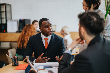 Focused individuals engaging in a dynamic conversation in a shared workspace, showcasing teamwork, modern business connections, and co working culture.