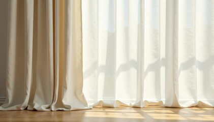 Subtle cream linen curtains, natural light, minimalist style, simple, fabric, window treatment