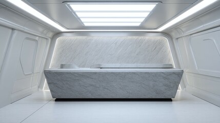 Fototapeta premium Futuristic white room with a stone platform or bed illuminated by ceiling lights.