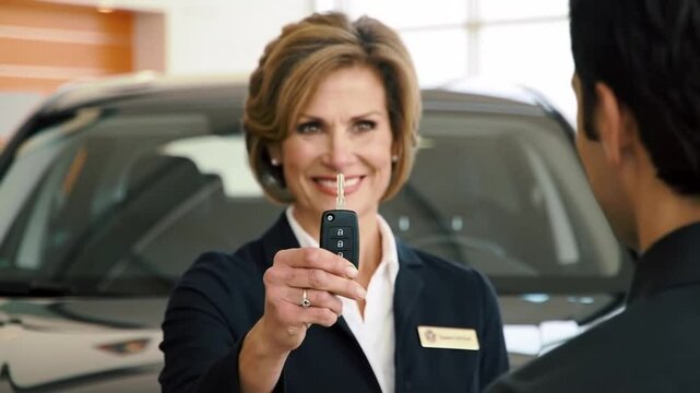 Beautiful saleswoman handing the keys of a new car to unrecognizable customer at a car dealership - Car ownership concepts