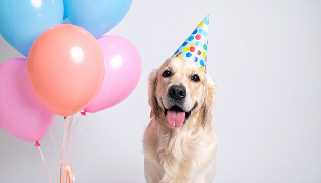 a dog, which appears to be a golden retriever, wearing a party hat. the dog's tongue is out, suggesting it might be panting or in a happy state