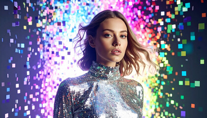 a woman stands in the center of the frame against a digital looking background, composed of multicolored pixels that resemble a digital rainbow or spectrum