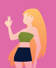 Vector illustration of a female character with a hippie gesture.