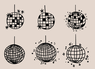 Hand drawn disco ball icon doodle in trendy style vector doodle icon mirror glittering with stars. Ideal for wedding, graduation party design templates