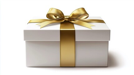 Scatola regalo bianca, confezionata in modo elegante e raffinato con un nastro dorato legato a fiocco sulla parte superiore. 
