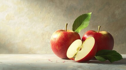 Due mele rosse con foglia verde e una mela tagliata a met&agrave; su un tavolo, con sfondo chiaro.