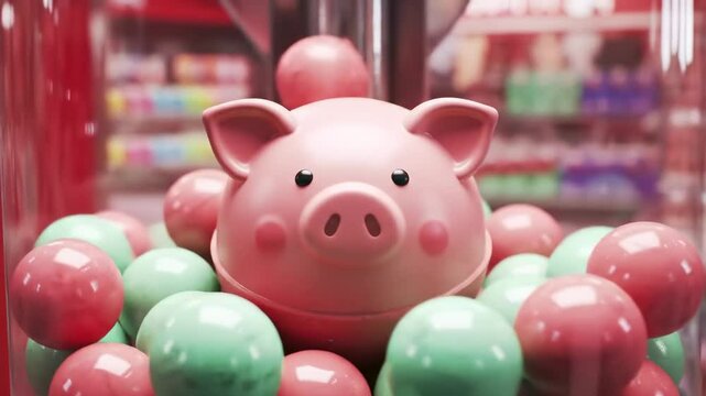 Colorful gumball machine featuring a pink piggy bank surrounded by vibrant gumballs in a playful setting - piglet head